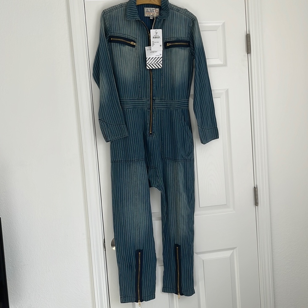 NWT Free People Sandrine Rose striped denim jumpsuit super comfy !!